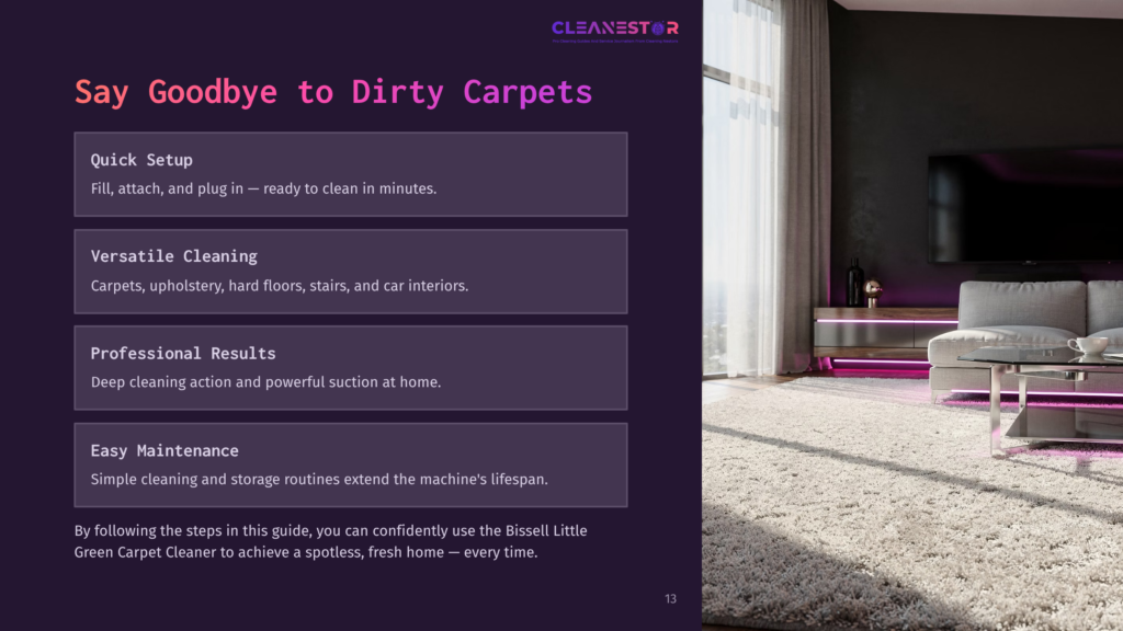 Cleanestor Bissell Green Carpet Cleaner Advertisement With Text: &Quot;Say Goodbye To Dirty Carpets&Quot;, &Quot;Quick Setup&Quot;, &Quot;Versatile Cleaning&Quot;, &Quot;Professional Results&Quot;, &Quot;Easy Maintenance&Quot;.