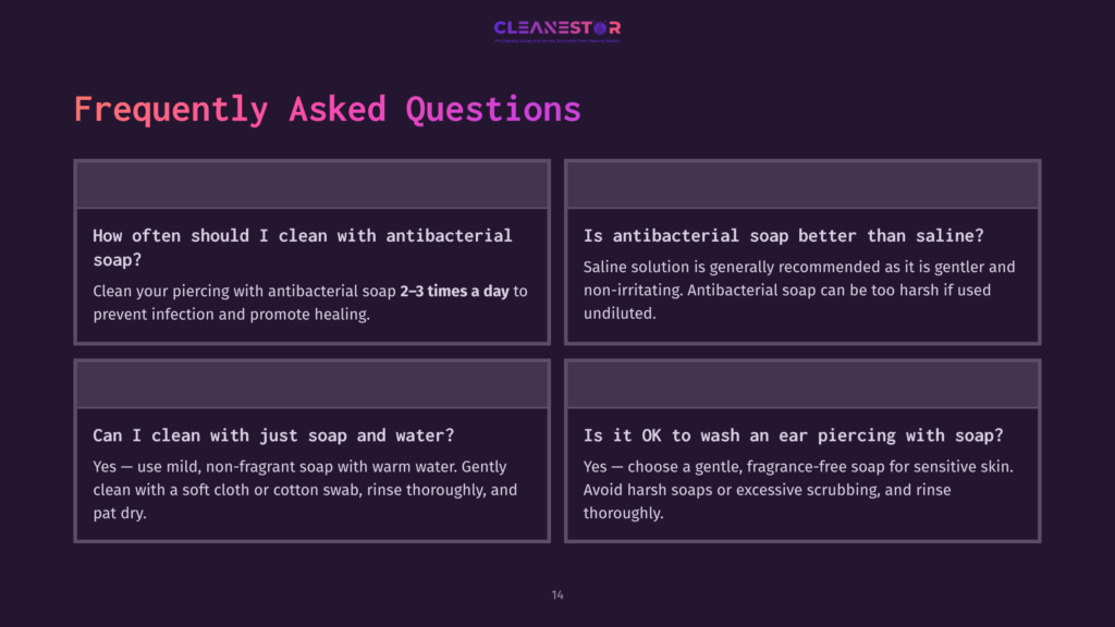 14 Frequently Asked Questions Four Text Boxes On A Dark Purple Background, Displaying Faqs About Cleaning Piercings With Antibacterial Soap And Saline Solutions.