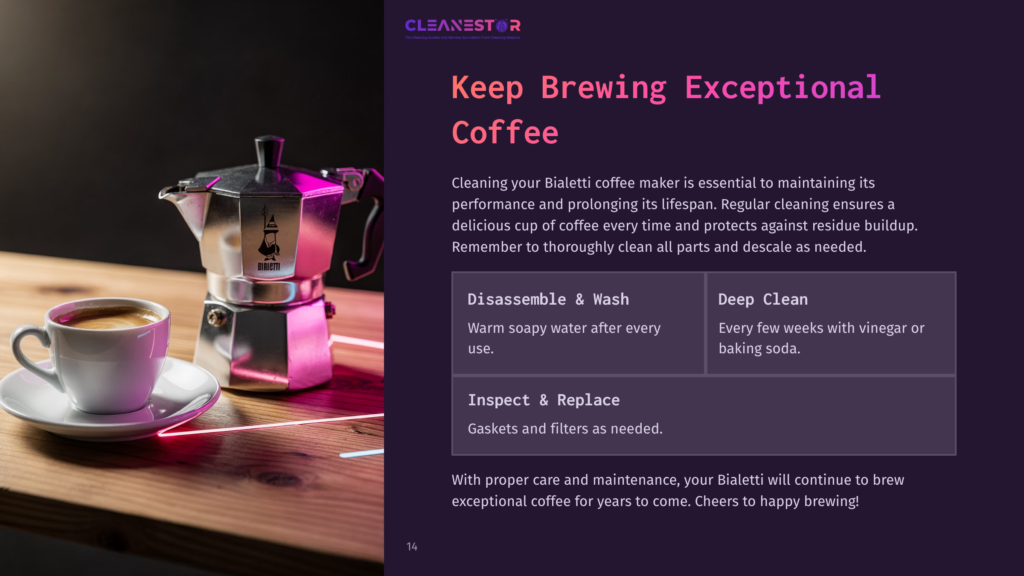 Stainless Steel Bialetti Coffee Maker Beside A Coffee Cup, With Text Boxes Detailing Cleaning Tips On A Dark Background.