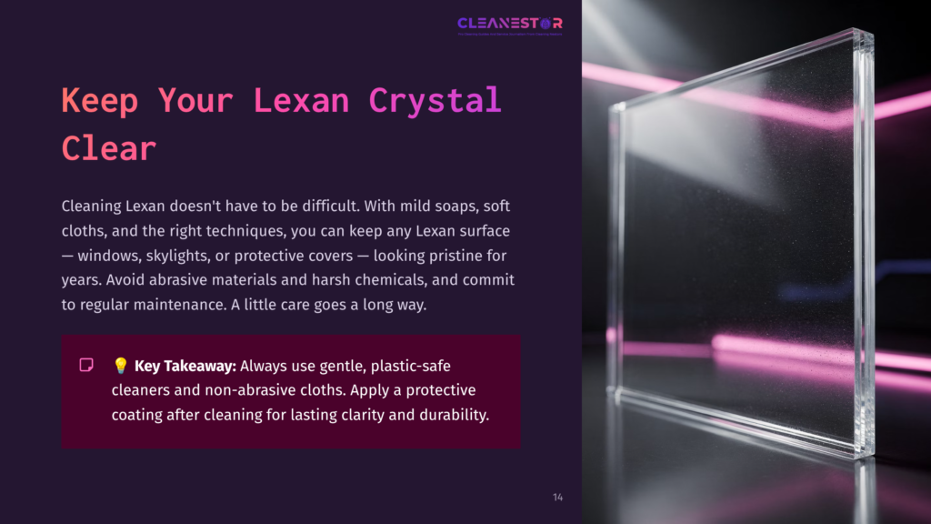 14 Keep Your Lexan Crystal Clear A Transparent Lexan Sheet Stands Upright On A Surface, With A Dark Purple Background And White Text Outlining Cleaning Tips.