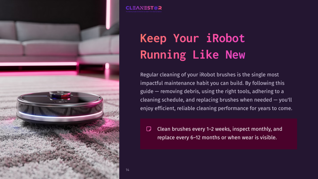 A Sleek, Modern Irobot Vacuum Cleaner With Glowing Blue And Pink Lights Navigates A Plush, White Shag Carpet In A Dimly Lit Room. Text Overlay Reads &Quot;Cleanestor&Quot; And &Quot;Keep Your Irobot Running Like New.