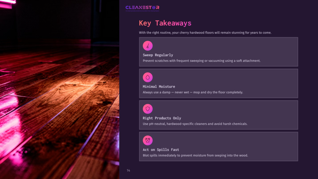 Glossy Cherry Hardwood Floor Reflecting Light, Accompanied By Concise Cleaning Tips In A Modern Layout With Pink Accents On A Dark Background.