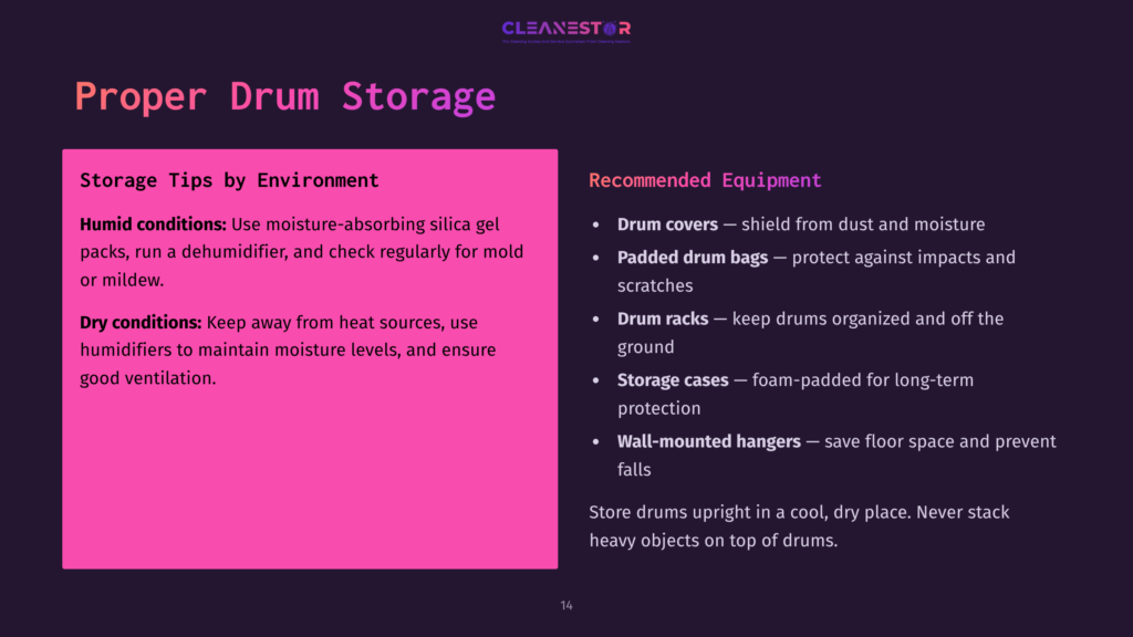 Bright Pink Background Featuring Text About Proper Drum Storage, Listing Equipment Like Drum Covers, Racks, Bags, And Storage Options.