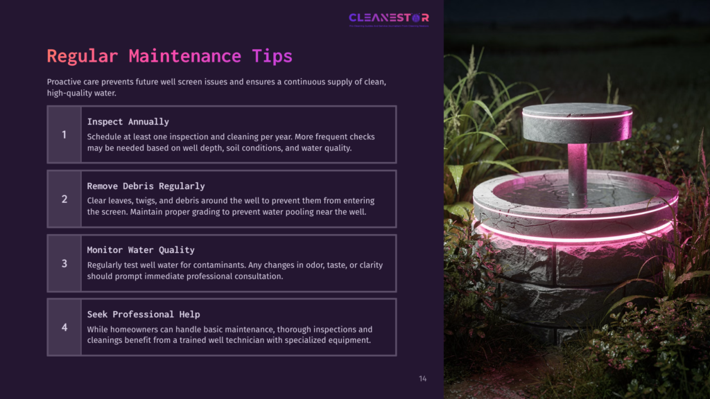 A Well Screen Maintenance Guide With A Gray Background, Featuring A Circular Well Screen And Pink Ambient Lighting, Alongside Text Tips.