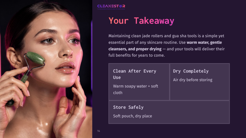 A Woman Using A Jade Roller On Her Face, With A Dark Purple Background Featuring Cleaning Tips And Guidelines For Jade Roller Care.