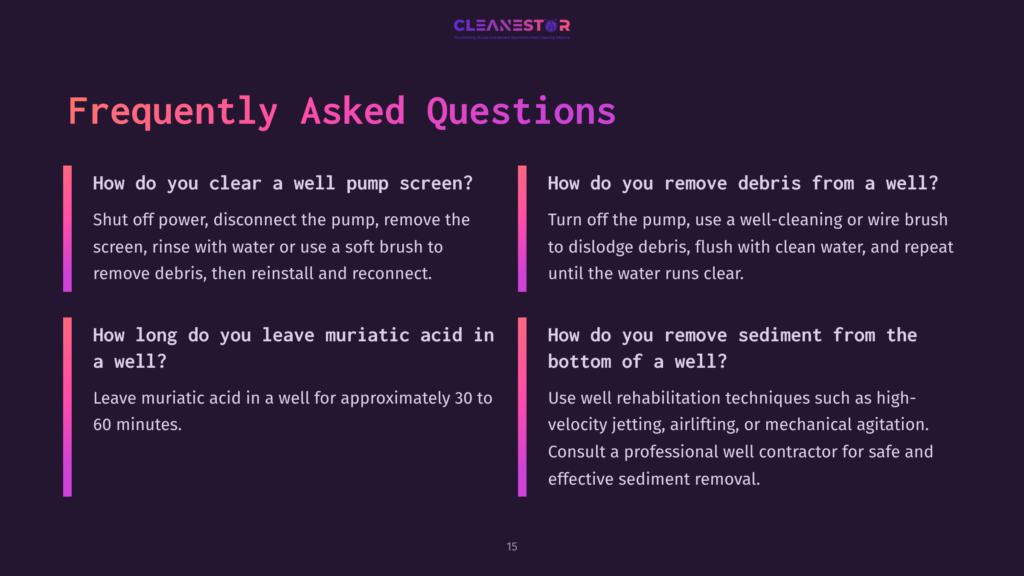 Faqs Displayed In A Two-Column Layout With Purple And Pink Colors, Outlining Steps For Cleaning A Well Pump Screen And Sediment Removal.