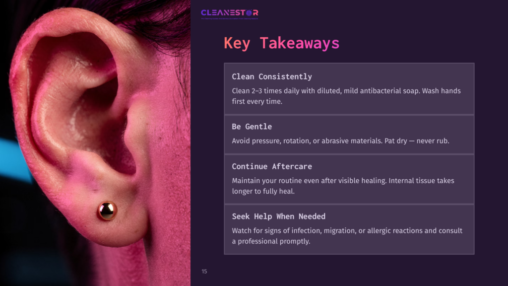 15 Key Takeaways 1 Close-Up Of A Pink Ear With A Gold Stud Piercing, Accompanied By Text Outlining Key Aftercare Tips For Cleaning Piercings.