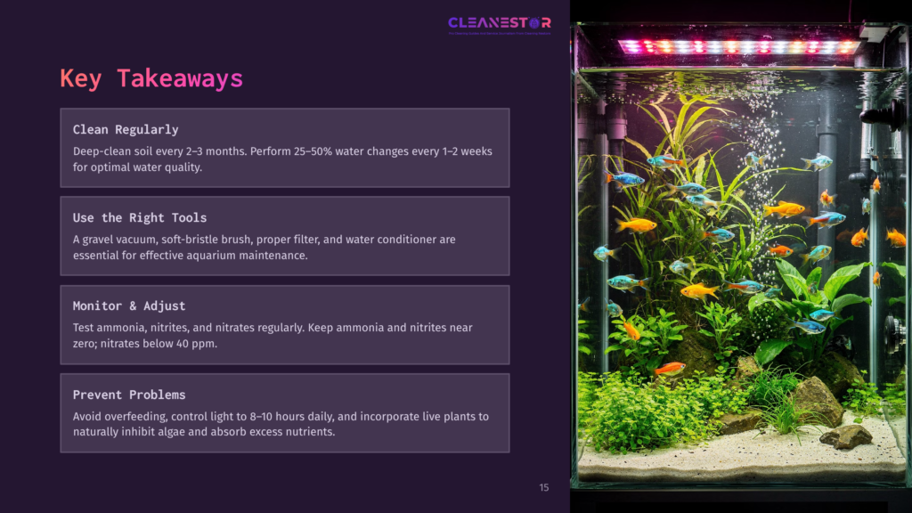 Aquarium Setup With Vibrant Fish And Aquatic Plants, Showcasing A Clean, Well-Lit Environment With Tools For Maintenance Alongside Tips.