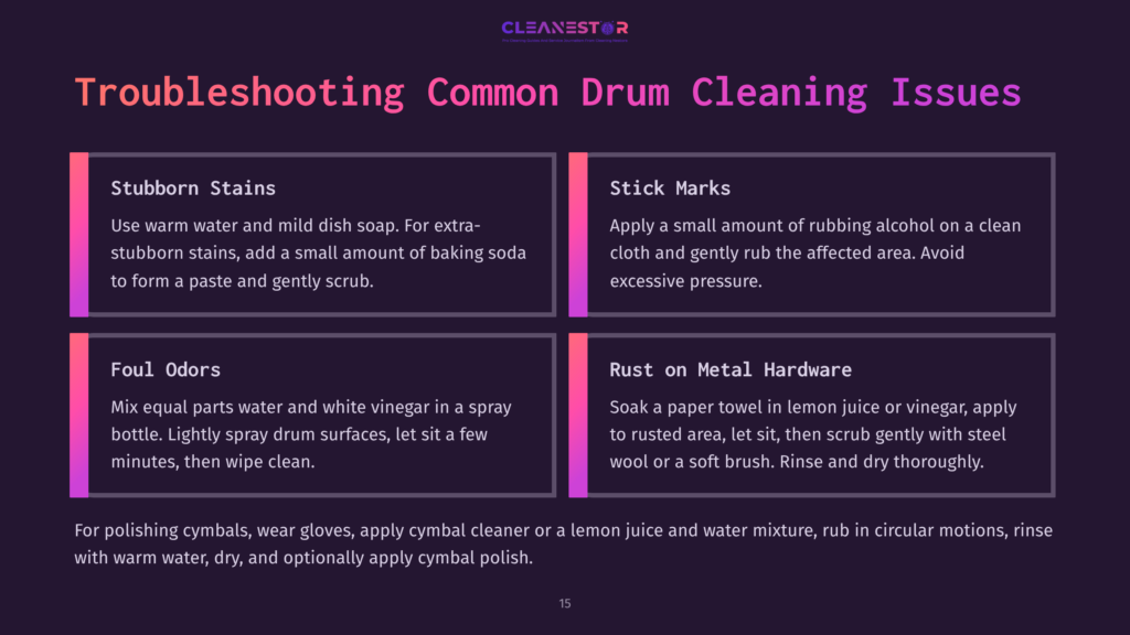 Illustration Of A Troubleshooting Guide For Drum Cleaning, Featuring Text Blocks On Stains, Odors, And Rust, With Bright Pink And Purple Accents.