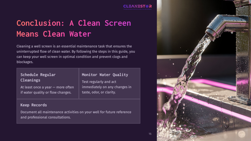 A Close-Up Of A Well Screen With Water Flowing, Highlighting Cleaning Tools And A Dark Background In The Layout.