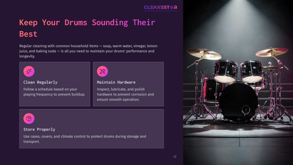 A Black Drum Set With Shiny Chrome Hardware, Illuminated By Stage Lights, Alongside Cleaning Tips In Purple Text Boxes.