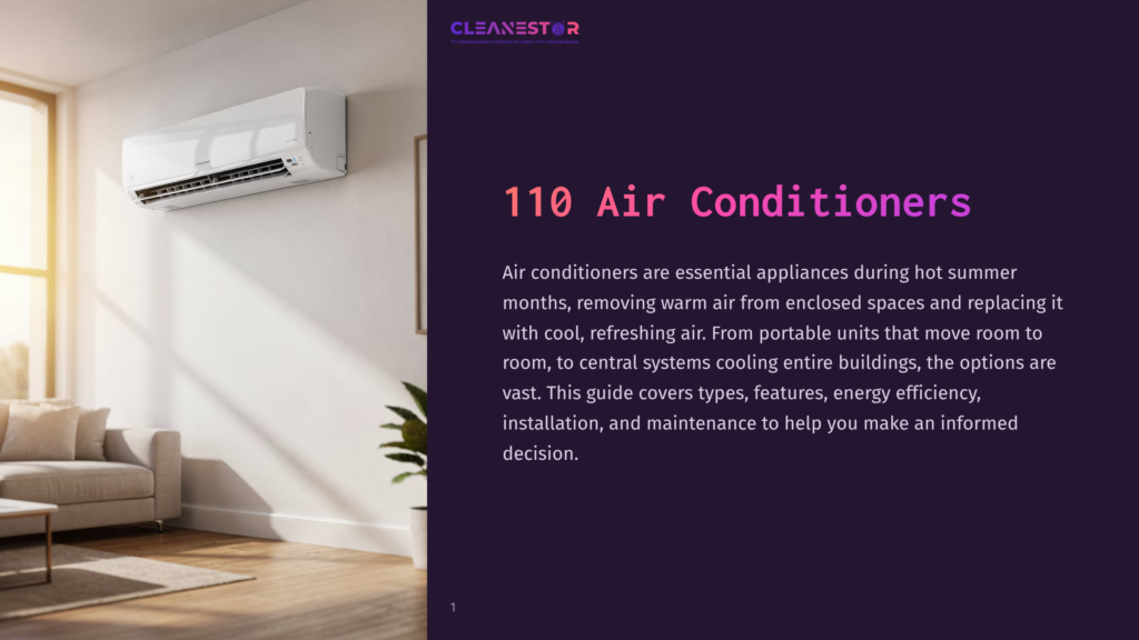 1 110 Air Conditioners Cleanestor Logo Above Text &Quot;110 Air Conditioners&Quot; On A Dark Purple Background, Next To A Bright Living Room With A Modern White Air Conditioner Mounted On The Wall.