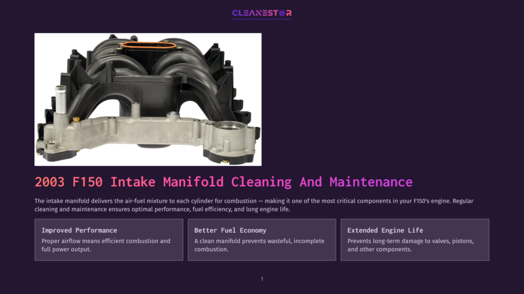 Close-Up Of A 2003 Ford F-150 Intake Manifold, A Complex Black And Silver Engine Component, With Text &Quot;2003 F150 Intake Manifold Cleaning And Maintenance&Quot; Overlayed.