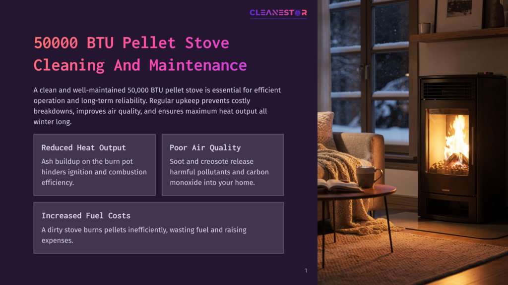 A Warm, Glowing 50,000 Btu Pellet Stove Is Lit In A Cozy Living Room At Dusk, With A Snowy Window And Winter Trees Visible In The Background. Text Overlay Discusses Pellet Stove Cleaning And Maintenance.