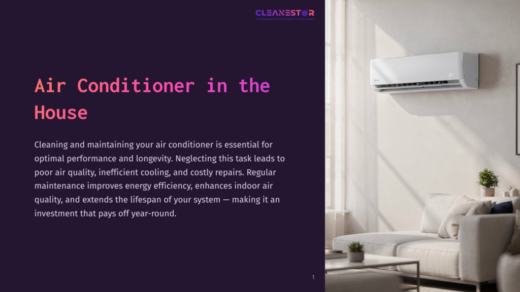 Cleanestor Logo At The Top Of A Dark Purple Slide With The Title &Quot;Air Conditioner In The House&Quot; And Text About Cleaning And Maintaining Air Conditioners. A Modern White Air Conditioning Unit Is Mounted On A Wall Above A Neutral-Toned Sofa In A Bright, Airy Living Room.