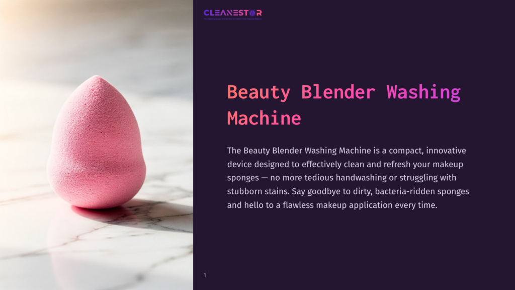 A Pink Beauty Blender Sponge Sits On A Marble Surface, Next To A Text Overlay That Reads &Quot;Cleanestor Beauty Blender Washing Machine.