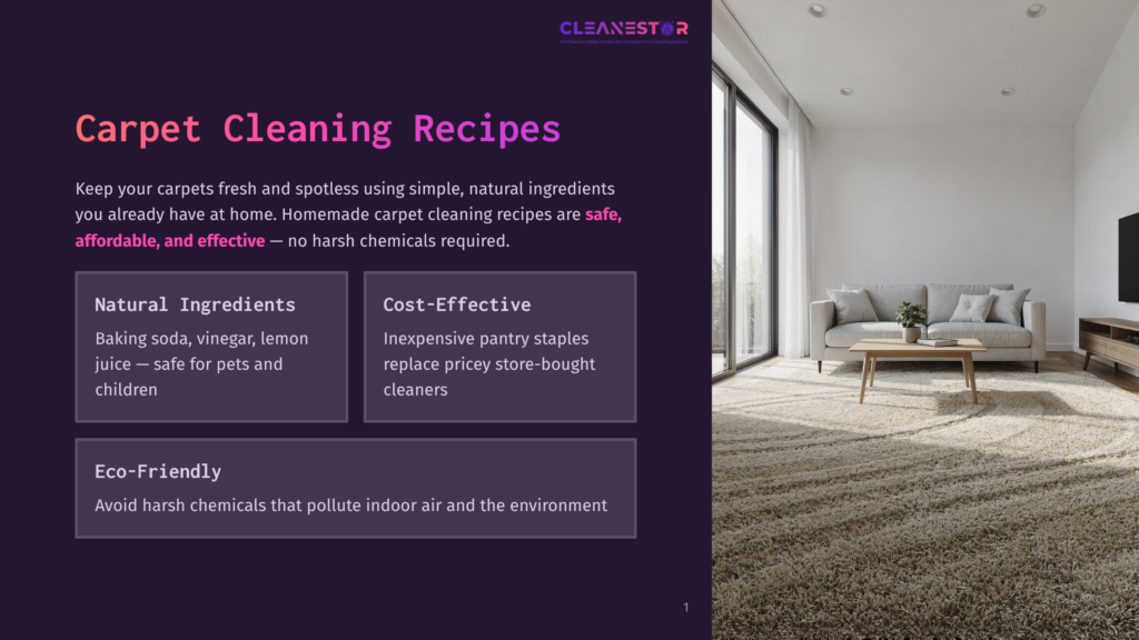 A Modern Living Room With A Large Textured Carpet, A White Sofa, And A Minimalist Tv Stand. The Text Overlay Reads &Quot;Cleanestor Carpet Cleaning Recipes: Keep Your Carpets Fresh And Spotless Using Simple, Natural Ingredients You Already Have At Home. Homemade Carpet Cleaning Recipes Are Safe, Affordable, And Effective – No Harsh Chemicals Required.