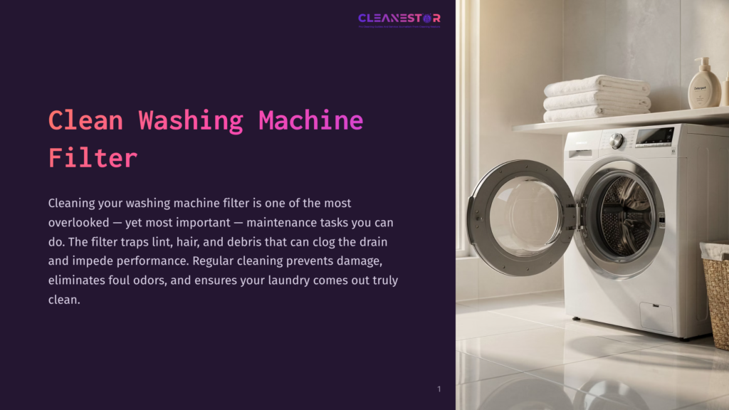 1 Clean Washing Machine Filter 1 A Modern White Front-Loading Washing Machine With Its Door Open, Revealing The Drum. Towels Are Neatly Folded On A Shelf Above, And A Basket Sits To The Right. The Scene Is Clean And Well-Lit, Suggesting A Laundry Room.