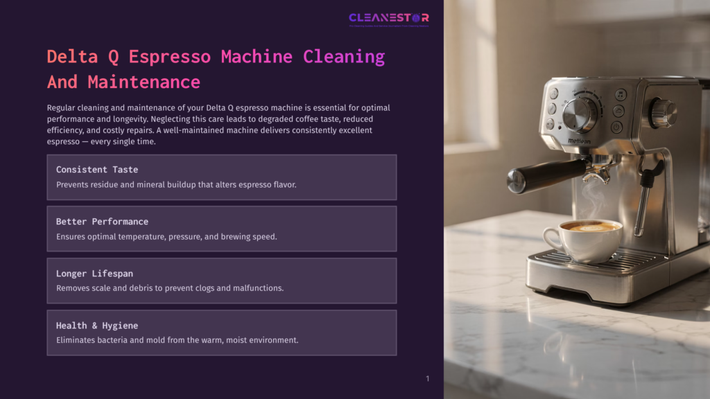 Delta Q Espresso Machine Cleaning And Maintenance: A Close-Up Of A Shiny Chrome Espresso Machine With Steam Rising From The Portafilter, Brewing A Cup Of Coffee, With Text Overlay Listing Cleaning Benefits Like Consistent Taste And Longer Lifespan.
