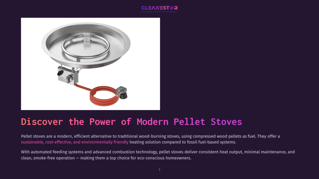 Modern Pellet Stove With A Stainless Steel Ring And A Red Hose, Featuring The Cleanestor Logo And Text About Discovering The Power Of Modern Pellet Stoves.