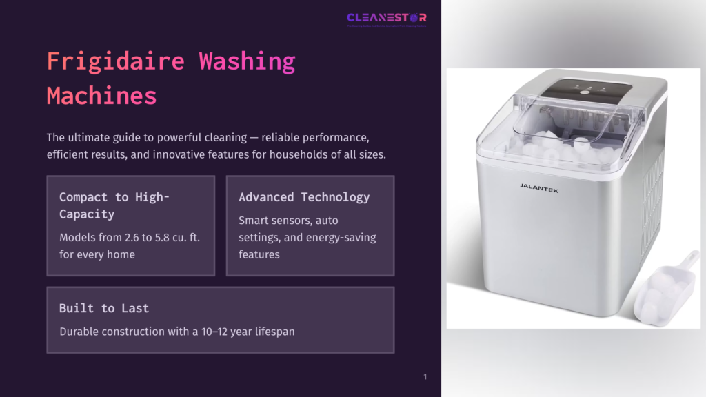 1 Frigidaire Washing Machines A Silver Jalantek Brand Portable Ice Maker Sits On A White Surface, Producing Ice Cubes, With A Scoop Beside It.