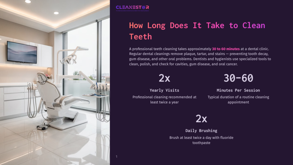 Cleanestor Logo And Text &Quot;How Long Does It Take To Clean Teeth&Quot; Over A Modern, Brightly Lit Dental Operatory With A White Dental Chair And Equipment.