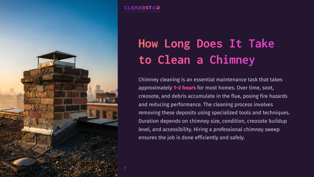 A Brick Chimney With A Metal Cap Stands Tall Against A Dusky Blue Sky, Overlooking A Rooftop. The Image Features The Text &Quot;Cleanestor&Quot; And &Quot;How Long Does It Take To Clean A Chimney&Quot;.