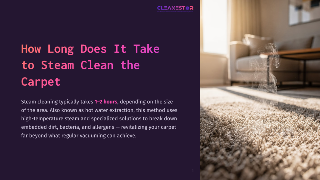 Steam Rising From A Plush, Cream-Colored Carpet In A Sunlit Living Room, With A Sofa And Coffee Table Blurred In The Background. Text Overlay Reads &Quot;How Long Does It Take To Steam Clean The Carpet&Quot;.