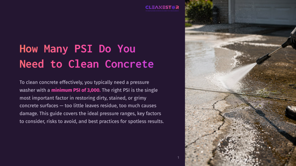 1 How Many Psi Do You Need To Clean Concrete A Pressure Washer Sprays A Powerful Stream Of Water Onto A Dirty Concrete Driveway, Cleaning It Effectively. The Text Overlay Asks, &Quot;How Many Psi Do You Need To Clean Concrete?