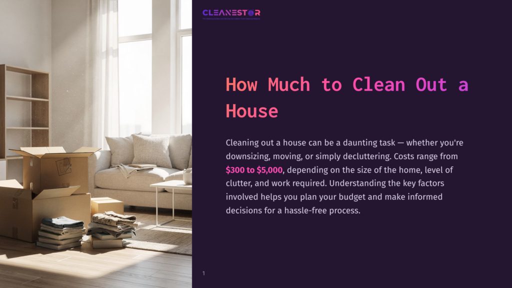 Cleanestor Logo And Title &Quot;How Much To Clean Out A House&Quot; On A Dark Background, With A Sunlit Living Room And Moving Boxes In The Foreground.
