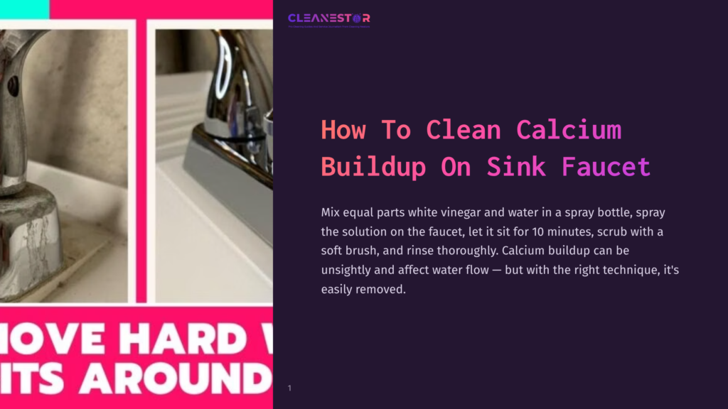 A Spray Bottle With A Cleaning Solution Next To A Chrome Sink Faucet, Showcasing Visible Calcium Buildup On The Faucet'S Spout.