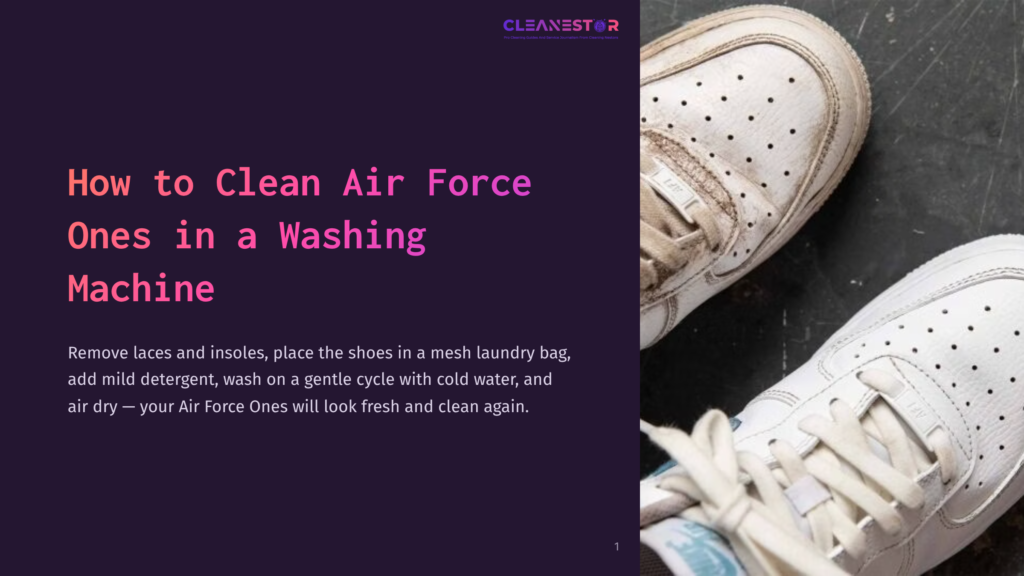 A Close-Up Of Worn White Sneakers With Perforations, Resting On A Dark Purple Surface, Highlighted By Cleaning Instructions.