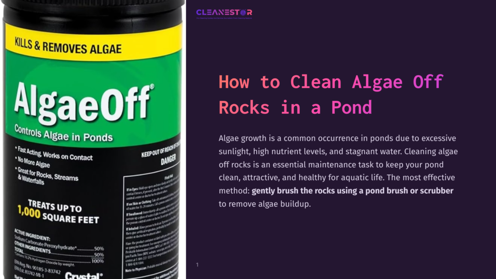 A Black Container Labeled &Quot;Algae Off&Quot; With A Green And Yellow Design, Sitting On A Purple Background, Intended For Algae Removal In Ponds.