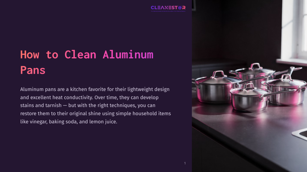 1 How To Clean Aluminum Pans Several Polished Aluminum Pots And Pans Gleam On A Dark Countertop, Showcasing How To Clean Aluminum Pans. The Kitchen Setting Is Modern And Clean.