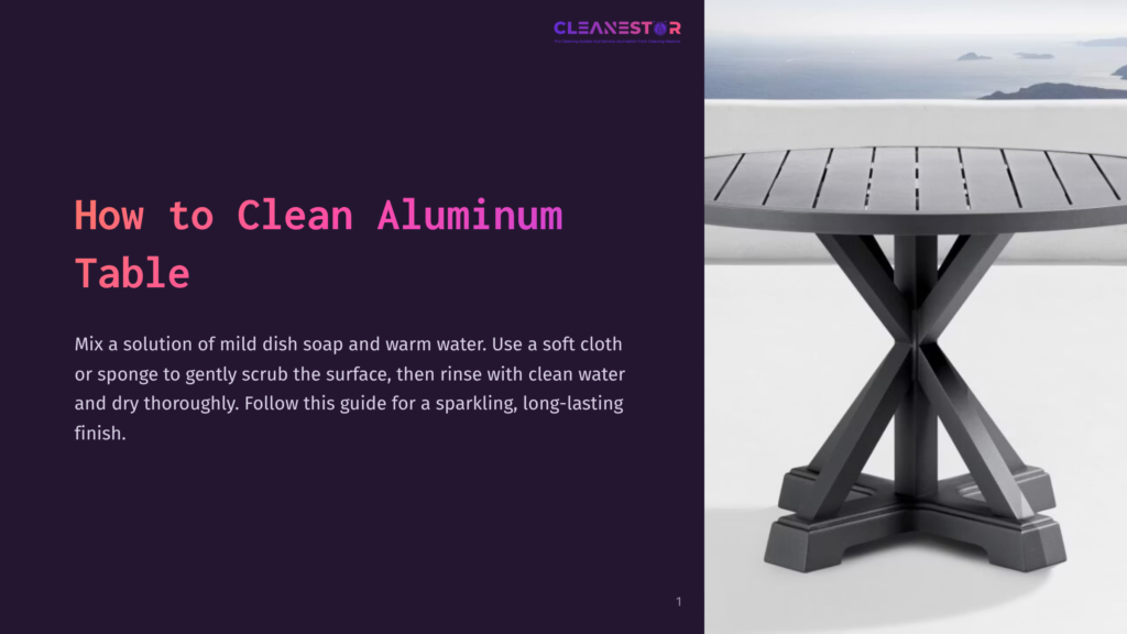 A Black Aluminum Table With A Slatted Top, Set Against A Bright Outdoor Scene Featuring A Blurred Background Of Sky And Water.