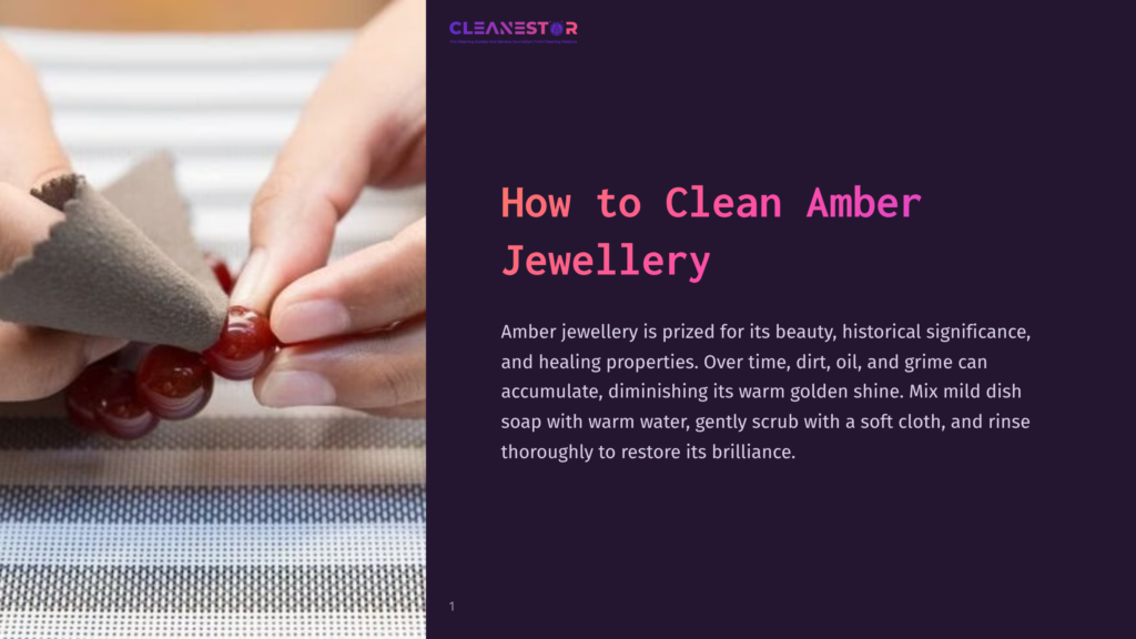 A Person Gently Scrubbing Amber Beads With A Soft Cloth On A Striped Surface, Highlighting The Rich, Warm Colors Of The Amber.