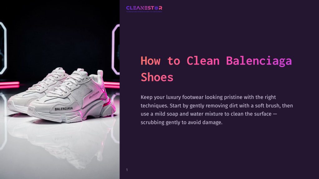 White Balenciaga Sneakers Displayed On A Reflective Surface, Illuminated By Pink Neon Lights Against A Dark Background.