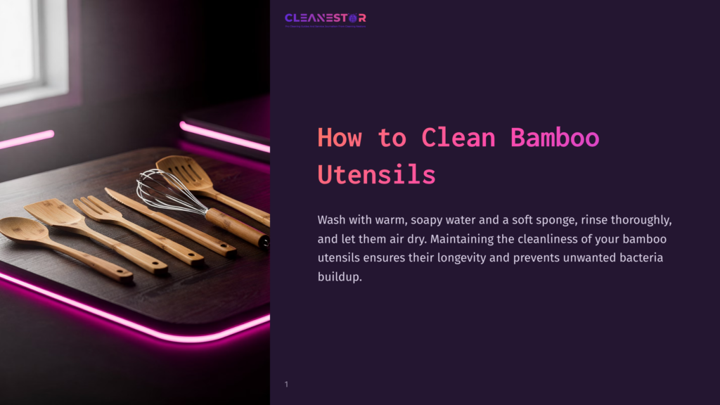 Bamboo Utensils Arranged On A Wooden Surface With A Whisk; Ambient Purple Lighting Enhances The Modern Kitchen Setting.