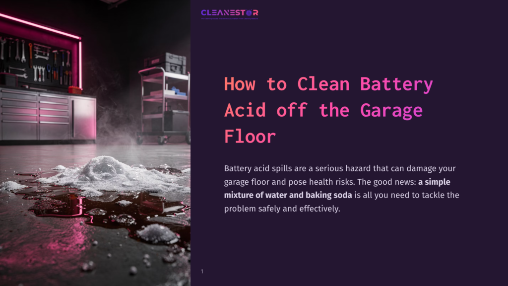 A Spilled White Substance Resembling Battery Acid On A Garage Floor, With A Colorful Background Of Garage Shelves And Tools.