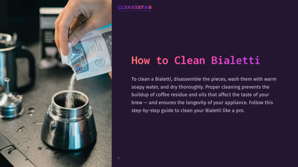 A Hand Pours A Cleaning Solution Packet Into A Silver Bialetti Coffee Maker, Set Against A Dark Background With Colorful Text.