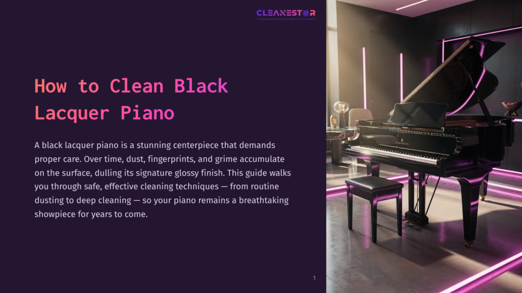 A Gleaming Black Grand Piano With A Glossy Finish Sits In A Modern Room With Purple Neon Lighting. The Text &Quot;Cleanestor&Quot; Is Visible At The Top.