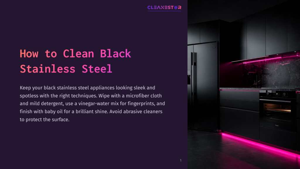 1 How To Clean Black Stainless Steel A Sleek, Modern Black Stainless Steel Kitchen With Vibrant Pink Led Lighting Under The Cabinets And On The Countertop. The Image Also Features Text Overlay With The Title &Quot;How To Clean Black Stainless Steel&Quot; And Cleaning Tips.