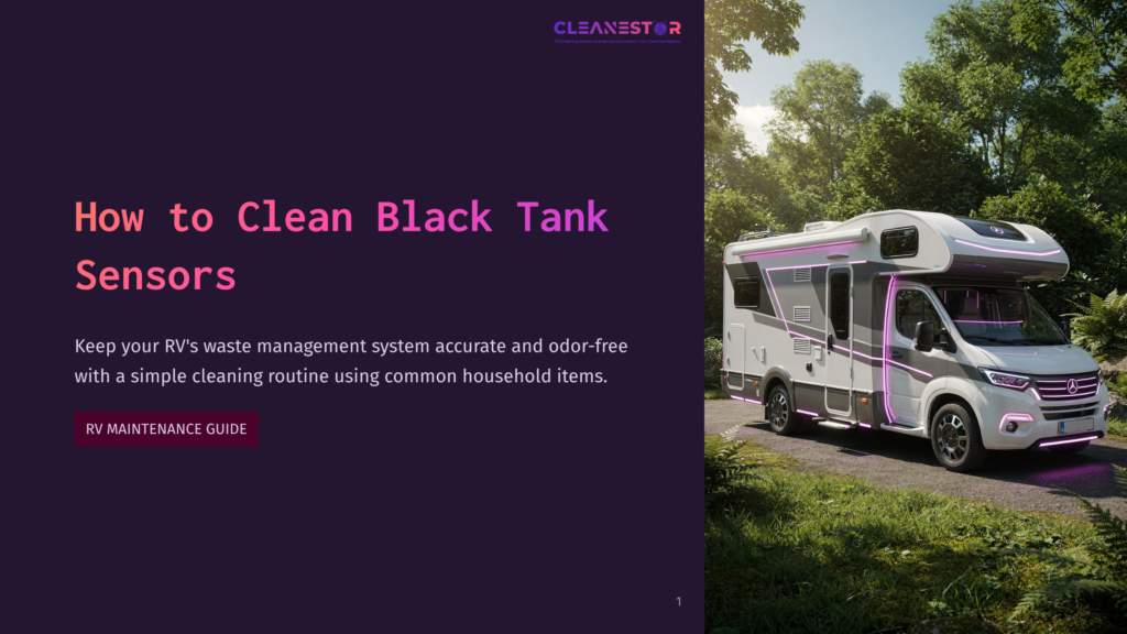 Rv Black Tank Sensors Cleaning Guide. A Modern Rv Is Parked In A Sun-Dappled Forest Setting, With Purple And Pink Led Accent Lights Illuminated Along Its Exterior.