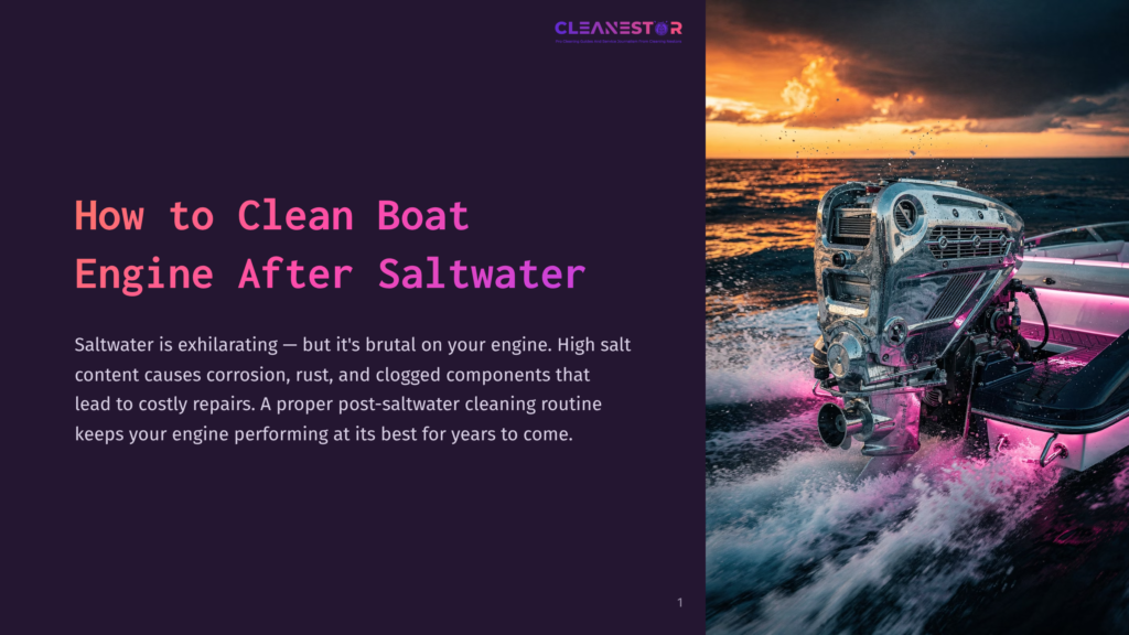 A Powerful Outboard Boat Engine Gleams With Pink Led Lighting As It Propels A Sleek White Boat Through The Ocean At Sunset. The Text &Quot;Cleanestor&Quot; Is Visible In The Upper Right Corner.
