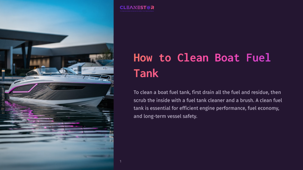 Cleanestor Logo And &Quot;How To Clean Boat Fuel Tank&Quot; Title Over A Photo Of A Modern White And Grey Boat Docked In Calm Water With Reflections.
