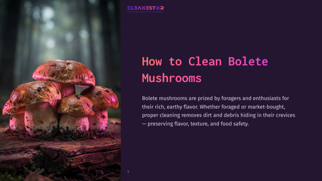 A Cluster Of Fresh, Earthy Bolete Mushrooms With Brown Caps And White Stems Sits On A Rustic Wooden Surface, Illuminated By Soft Purple Light. The Text &Quot;Cleanestor&Quot; Is Visible At The Top Left.