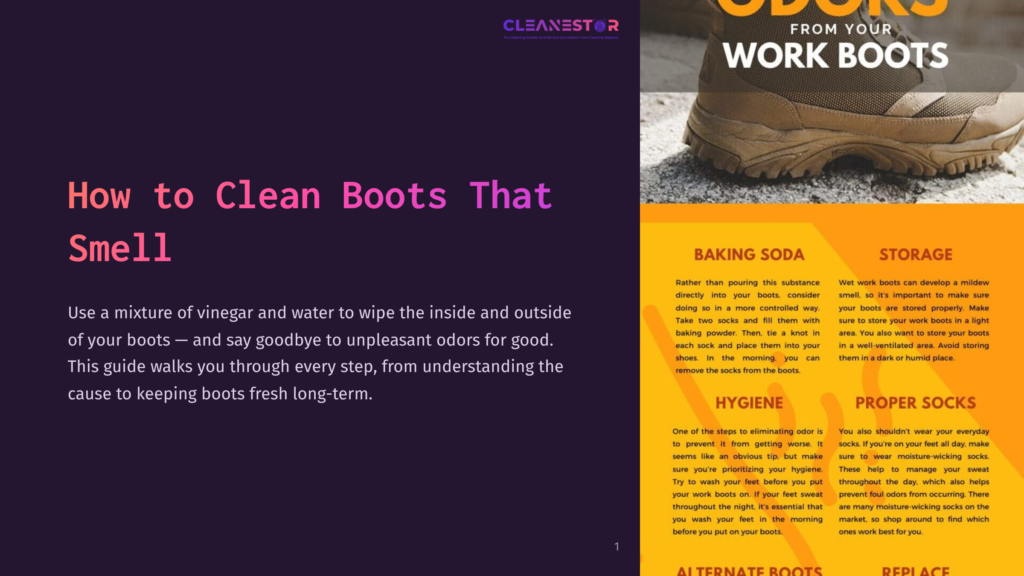 A Close-Up Of A Pair Of Rugged, Brown Leather Work Boots, With Text Overlaying The Image That Reads &Quot;How To Clean Boots That Smell&Quot; And &Quot;From Your Work Boots&Quot;.