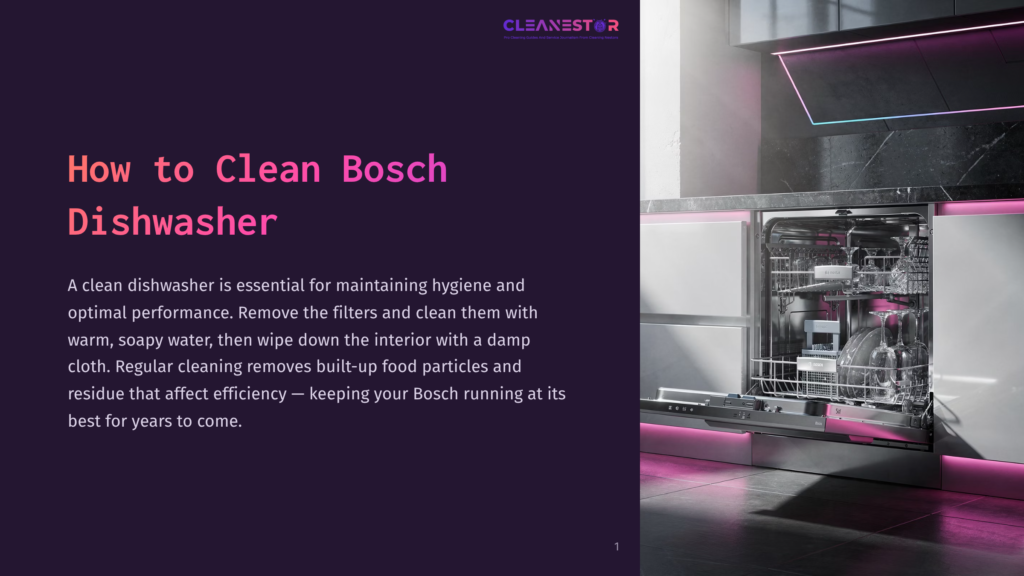 A Modern, Open Bosch Dishwasher With Interior Lights, Showcasing Clean Dishes And Racks. The Sleek Kitchen Features Dark Marble Countertops And Purple Under-Cabinet Lighting.