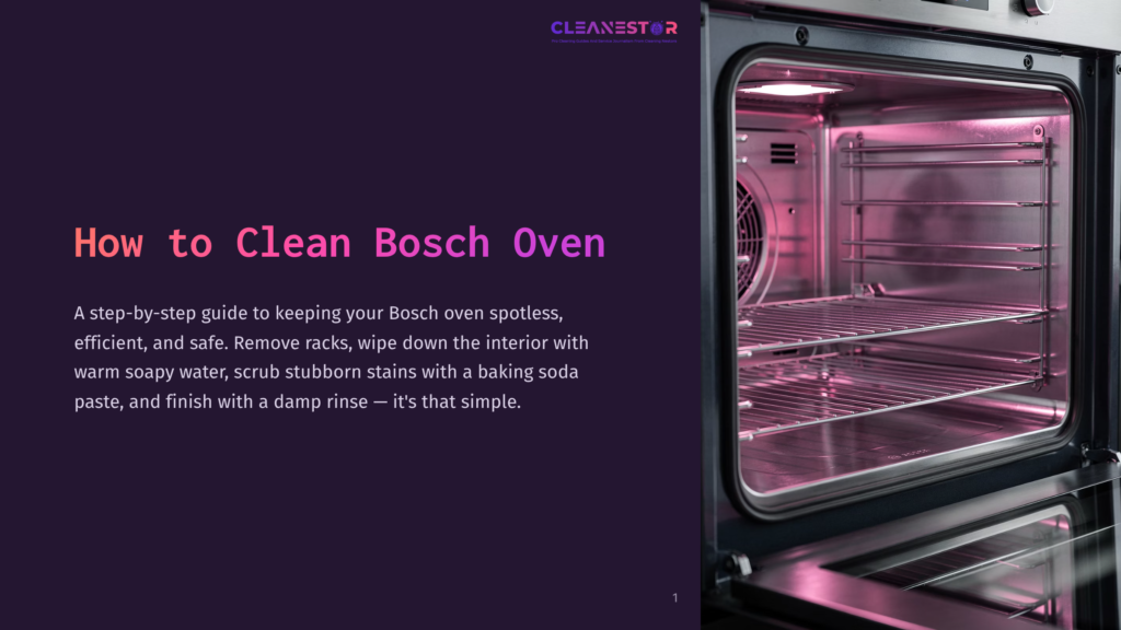 Close-Up Of An Open, Clean Bosch Oven Interior With Stainless Steel Racks Illuminated By Pink Light. Text Overlay Reads &Quot;How To Clean Bosch Oven.