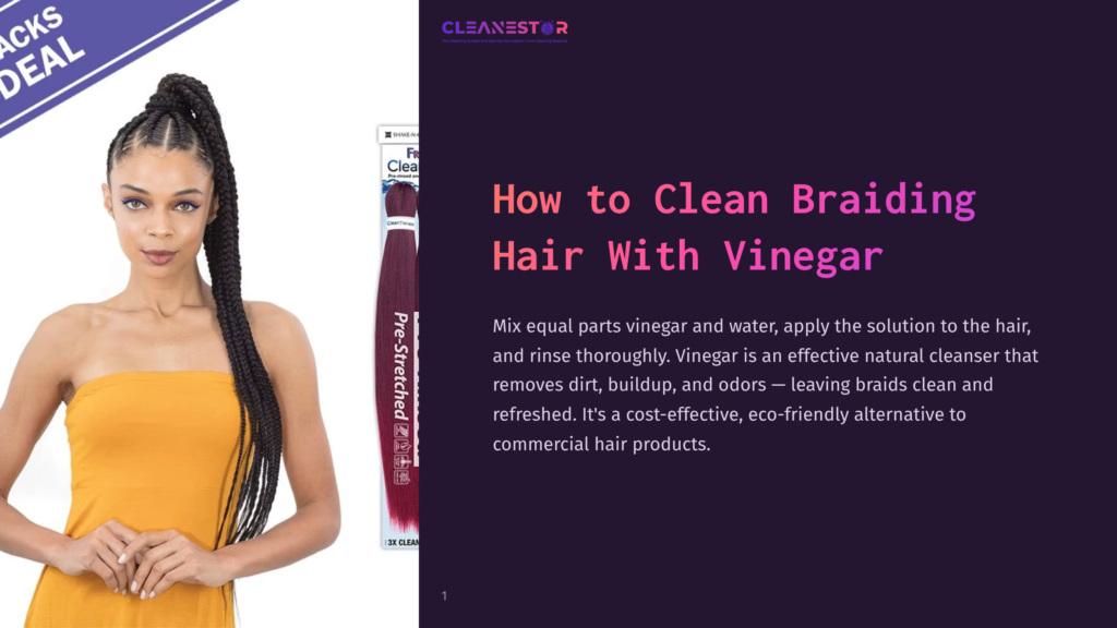 A Woman With Braided Hair Stands Next To A Package Of Pre-Stretched Braiding Hair, With Text Overlaying The Image Reading &Quot;How To Clean Braiding Hair With Vinegar&Quot;.